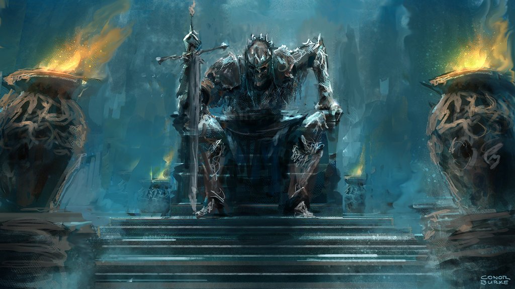 A drawing of a "skull-man", sitting in a throne and looking scary